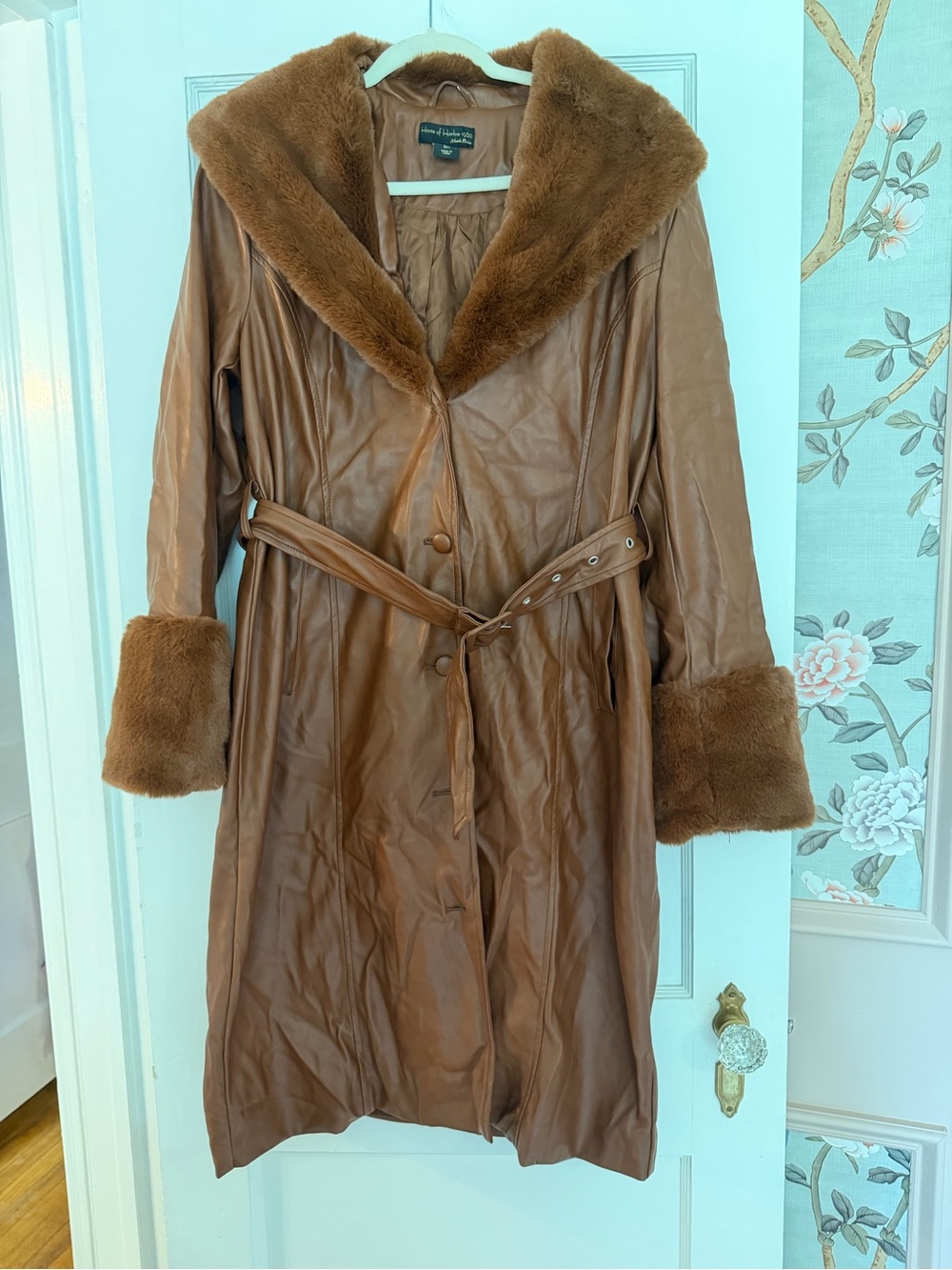 House of Harlow 1960 Faux-Fur Trim Brown Leather Coat